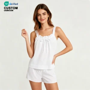 QinQin Women's Casual Sleepwear Two-Piece Loungewear Skin-Friendly Seersucker Tank Top Shorts Pajamas Sets Front Logo Breathable