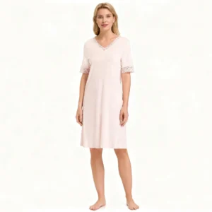QinQin Hot Sale Casual Stylish Smooth Breathable Women's One-piece Night Dress Pajamas With Lace Lightweight Silk Loungewear