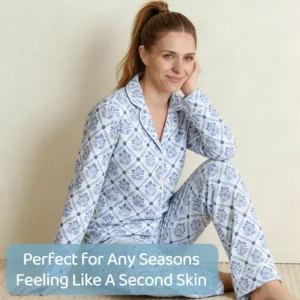 QinQin Women's Elegant Long Sleeve Pajamas Set Soft Breathable Fabric Custom Logo Front Two-Piece Lounge Wear Elastic Waist