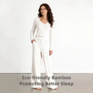 QinQin Women's Comfortable Bamboo Two-Piece Elastic Waist Pyjama Set Ribbed Knit Long Sleeves Casual Elegant Fashion Pajamas