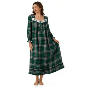QinQin New Arrival High Quality Brushed Flannel Plaid Print Long-sleeve Elegant Breathable Soft Cozy Comfortable Women Nightgown