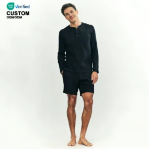 QinQin Men's Casual Classic Two-Piece Pajamas Set Waffled Cotton Lyocell Long Sleeve Shorts Loungewear Comfortable Modal