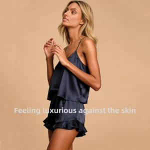 QinQin Women's Elegant Short Pajamas Set With Lace Two Pieces PJ Sets Summer Loungewear Set Camisole and Shorts Sleepwear Sets