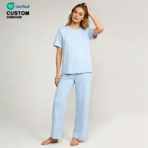 QinQin Custom Made Women's Elegant Elastic Waist Comfortable Cotton Stylish Printed Two-Piece Pajamas Set Home Loungewear