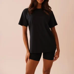 QinQin Black Elegant Elastic Waist Super Soft Lightweight Comfortable Breathable Loungewear Sets Ladies Short-sleeve Shorts
