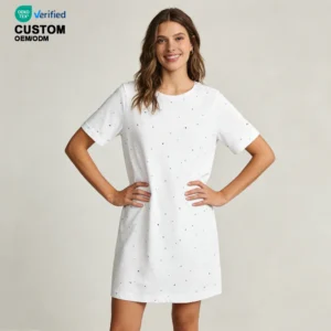 QinQin Women's Custom Printing Front Elegant One Piece Nightgown Short Sleeve Night Dress Soft Sleepwear Wholesale Breathable