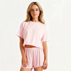 QinQin Summer Breathable Cozy Elegant Soft Lyocell Round-neck Women's Short-sleeve Shorts Sleepwear Sets Front Elastic Waist