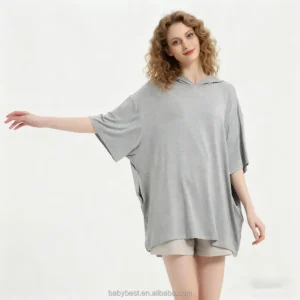 QinQin Women's Comfortable Breathable Short-Sleeved Sleep T-Shirt Soft Oversized Bamboo Knitted Pajamas Front Spring Hood
