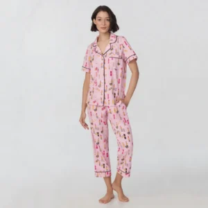 QinQin High Quality Elegant Stylish Custom Printing Breathable Comfortable Women's Short-sleeve Pants Pajamas Sets Elastic Waist