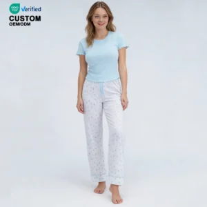 QinQin Women's Floral Printing Two-Piece Pajamas Set Breathable Modal Nightwear Elastic Waist Short Sleeve Trousers Loungewear