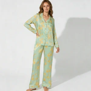 QinQin Custom Printing Elegant V-neck Elastic Waist Lightweight Breathable Women's Long-sleeve Pants Pajamas Sets Front Pocket