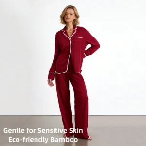QinQin Women's V-neck Elastic Waist Long Sleeve Bamboo Pajamas Set Two-Piece Sleepwear Homewear