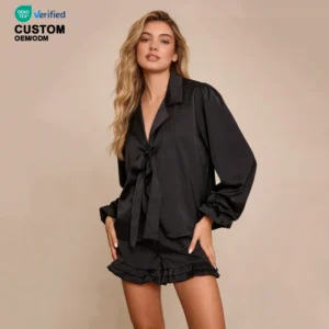 QinQin Women's Enchanting Long Sleeve Shorts Pajamas Sets Front Custom Logo Lyocell Elegant Loungewear Set Home Nightwear