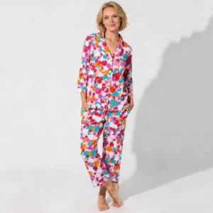 QinQin Elegant New Design Bright Well-dressed Comfortable Women's V-neck Elastic Waist Long-sleeve Pants Pajamas Sets Breathable