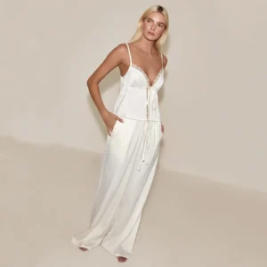 QinQin Soft Cozy Lace Detail Tie Front Camisole and Pants Set Summer Breathable Women's Pajamas Nightwear Loungewear