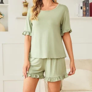 QinQin Elegant Trendy Summer Spring Women's Short-sleeve Shorts Pajamas Set Elastic Waist Breathable Soft Lyocell Front