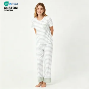QinQin New Arrival Women's Two-Piece Elegant Pajamas Set with Front Logo Short Sleeve Wide Leg Pants Loungewear