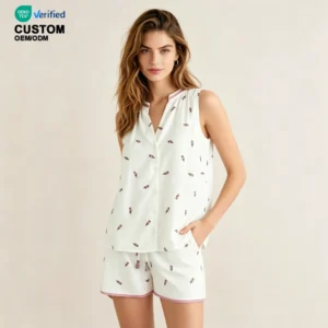 QinQin Women's Elegant Elastic Waist Bright Floral Printed Breathable Cotton Vest Shorts Two-Piece Pajamas Set