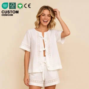 Women Summer Sleepwear Set Custom Women's Loungewear Sets Soft Touch Casual Front Tie Pajama Sets Woman Breathable Nightwear