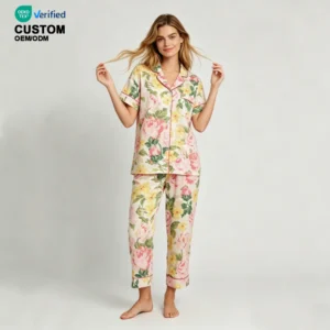 QinQin Women's Fashionable Two Pieces Pajamas Set Bright Floral Printing Skin-friendly Bamboo Sleepwear Women PJ Sets Loungewear