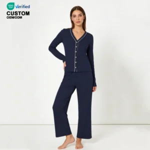 QinQin Women Elegant V-neck Loungewear Set Breathable Long Sleeve and Pants Pajamas Set Women's Soft Touch Bamboo Pyjamas Set
