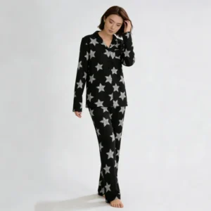 QinQin Hot Sale Trendy Custom Printing Comfortable Elegant Women's Long-sleeve Pants Pajamas Set Winter V-neck Elastic Waist
