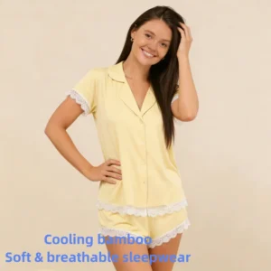 QinQin Women's Casual Short Pajamas Set Comfortable Bamboo Nightwear With Lace Breathable Soft Loungewear Set Women Pyjamas Sets