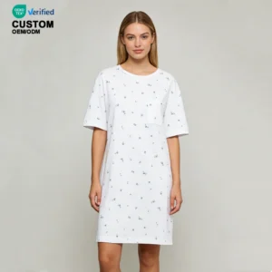 QinQin Women's Elegant Custom Printed Front Logo Short Sleeve Breathable Bamboo Sleepwear Pajamas Loungewear One Piece Nightgown