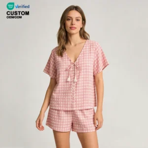 QinQin Hot Sale Women's Two Pieces Pajamas Sets Casual Breathable Sleepwear Set Soft Cotton Loungewear Set Gingham Short Set
