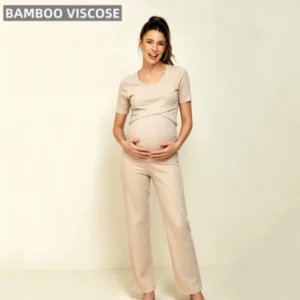 Bamboo Clothing Women Elegant Short Sleeve Wide Leg Pajamas Lightweight Stretchy Breathable Ribbed Wrap Front Maternity/Nursing