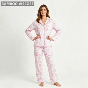 Women's Elegant Pajamas Set with Front Custom Printing Lightweight Cooling Bamboo Fabric Long Sleeve Pants Sleepwear