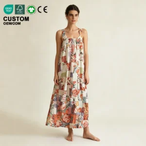 Aesthetic Cottagecore Tie-Back Midi Nap Sleep Lounge Dress Floral Patchwork Sleeveless Breathable Soft Summer Autumn Spring