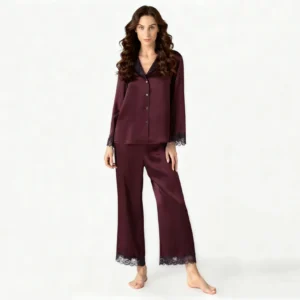 QinQin High Quality Solid Lightweight Comfortable Elegant Women's Long-sleeve Pants Pajamas Sets Lace Design Breathable Lyocell