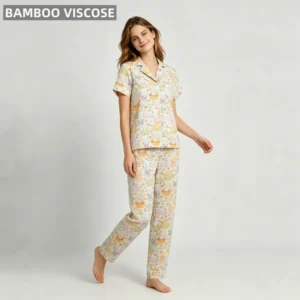 Women's Pajamas Set Soft Touch Bamboo V-neck Elastic Waist Short Sleeve Pants Custom Logo Front Print Nightwear