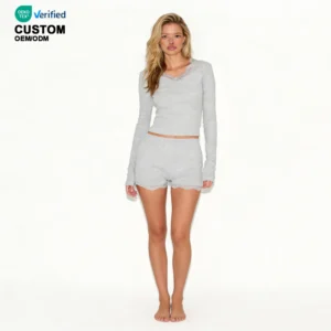 QinQin Women's Wholesale Elegant Long Sleeve Shorts Pajamas Sets Lace Stretchy Casual Sleepwear Lyocell Fabric Loungewear