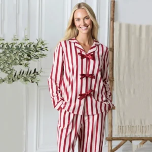QinQin New Arrival Hot Sale Elegant Women's Long-sleeve Pants Pajamas Sets V-neck Elastic Waist Breathable Bow Front Comfortable
