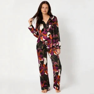 QinQin Floral Printing Glamorous Lightweight Breathable Women's Long-sleeve and Pants Pajamas Sets Washable Silk Loungewear Sets