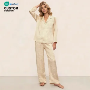 QinQin Women's Custom Logo Elastic Waist Breathable Elegant Sleepwear Set with Front Pocket Full Length Long Sleeves
