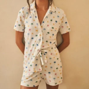 QinQin ODM Custom Print Elastic Waist Knitted Front Lounge Set Lyocell Women's Pajamas Summer Casual Short Sleeved Sleepwear