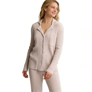 QinQin High Quality Elegant Casual Flattering Comfortable Women's V-neck Long-sleeve Pants Pajamas Sets Ribbed Fabric Winter