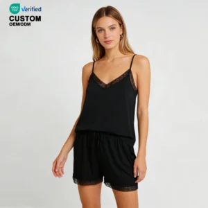 QinQin Women's Fashionable New Arrival Camisole Top and Shorts Pajamas Set With Lace Elegant Two Pieces Loungewear Set Pyjamas