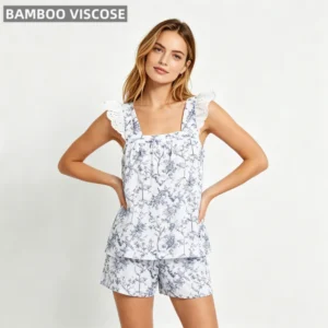 Women's Bamboo Pajamas Set Custom Logo Front Breathable Soft Lounge Wear Tank Top & Shorts