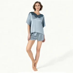 QinQin Hot Sale Fashionable Stylish Lightweight Solid Women's Short-sleeve Shorts Pajamas Sets Elegant Lace Design Front
