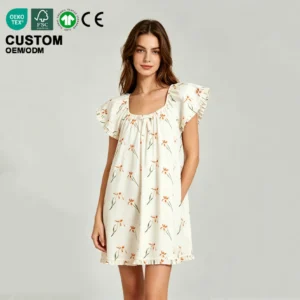 Women Floral Print Flutter Sleeve Sleep Dress Cotton Modal Nightie Ruffle Hem Nightgown Loungewear Ladies Night Dress Summer