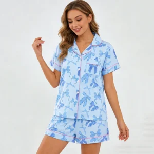 Wholesale Summer Autumn Casual Short Sleeves Women's Sleepwear Set Two-Piece Pajama Set Soft Knitted Fabric Elastic Waist Front