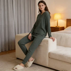 QinQin Elegant Casual Women's Waffle Textured Long-sleeve Pants Pajamas Sets V-neck Drawstring Breathable Comfortable