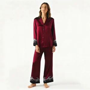 QinQin New Arrival Chic Elegant Flattering Breathable Lyocell Women's V-neck Long-sleeve Pants Pajamas Sets Lace Details Elastic