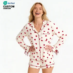 QinQin Women's Elegant Custom Printed Long Sleeve Shorts Pajamas Set Breathable Bamboo Fabric Home Casual Wear