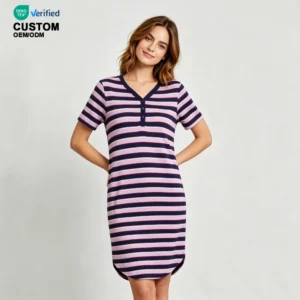 QinQin Elegant Women's V-neck Knee Length Short Sleeve Breathable Bamboo Soft Sleepwear One Piece Nightgown Pajama Loungewear