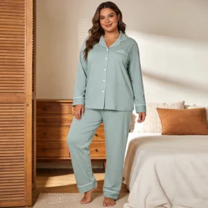 QinQin Wholesale Soft Breathable Bamboo Plus Size Women Pajamas Long-sleeve and Pants Oversize Women Sleepwear Set
